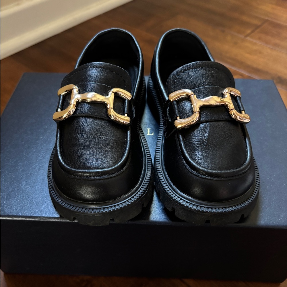 Kids Black Loafers with Gold Buckle